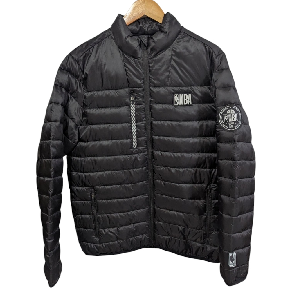 NBA Men's Black Puffer Jacket with Quilted Design Size Small